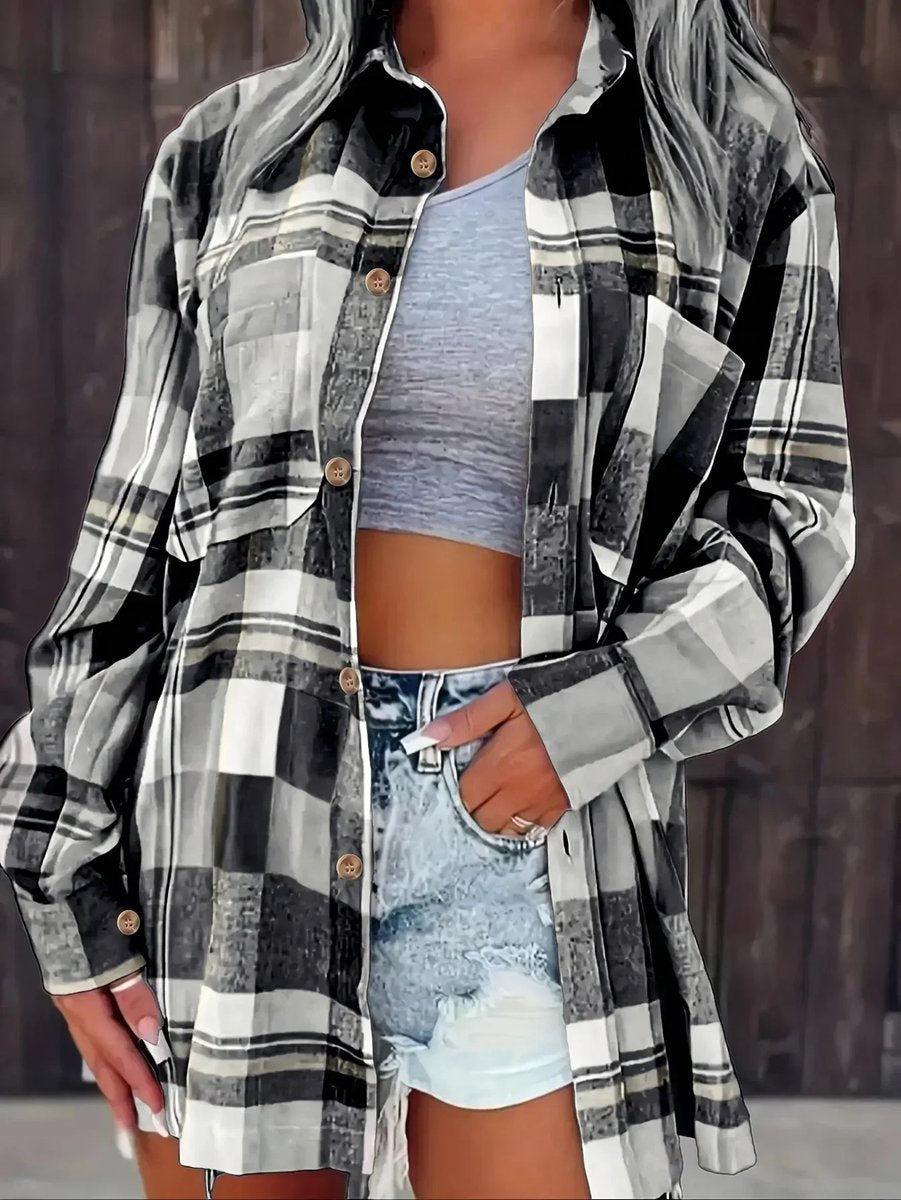 Women's Oversized Plaid Flannel Open-Front Shirt Cardigan - Black