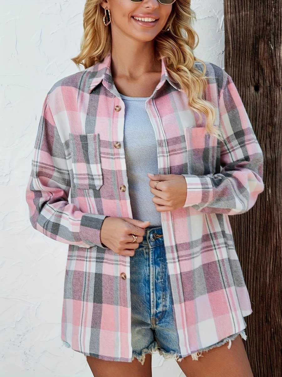 Women's Oversized Plaid Flannel Open-Front Shirt Cardigan