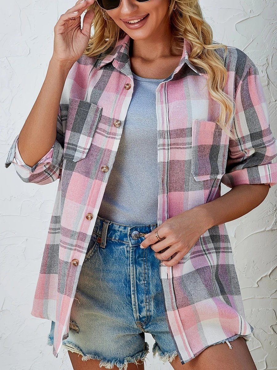 Women's Oversized Plaid Flannel Open-Front Shirt Cardigan