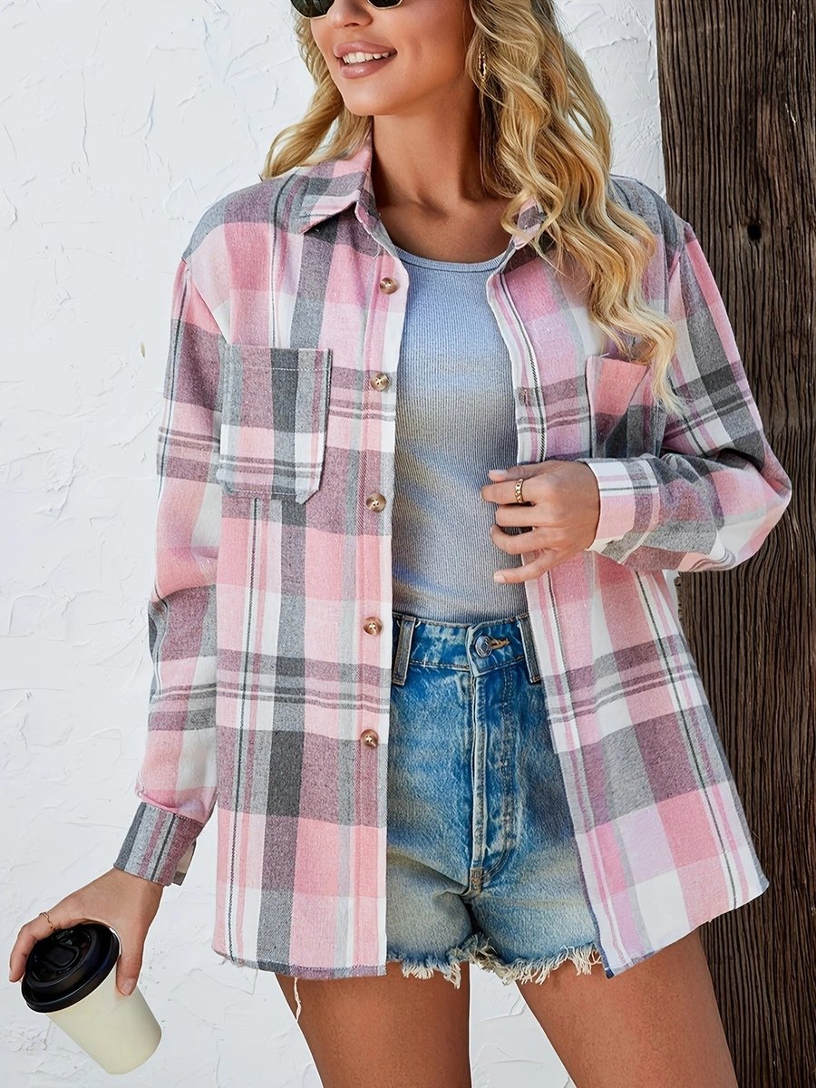 Women's Oversized Plaid Flannel Open-Front Shirt Cardigan