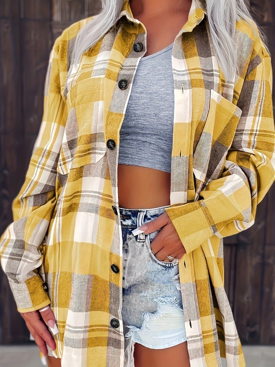 Women's Oversized Plaid Flannel Open-Front Shirt Cardigan - Yellow