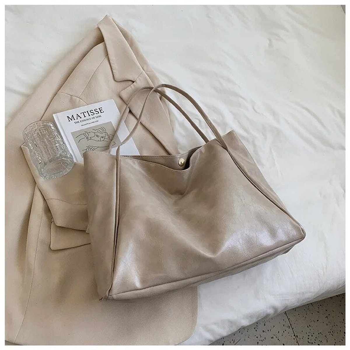 Women's Oversized Retro Faux Leather Shoulder Tote Bag - Beige