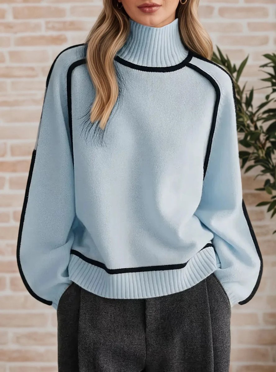 Women's Oversized Turtleneck Two-Tone Knit Pullover Sweater - Blauw