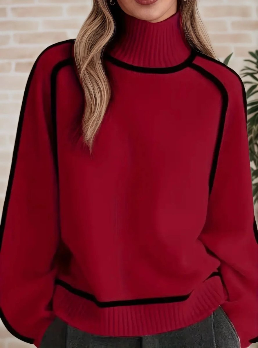 Women's Oversized Turtleneck Two-Tone Knit Pullover Sweater - Rood