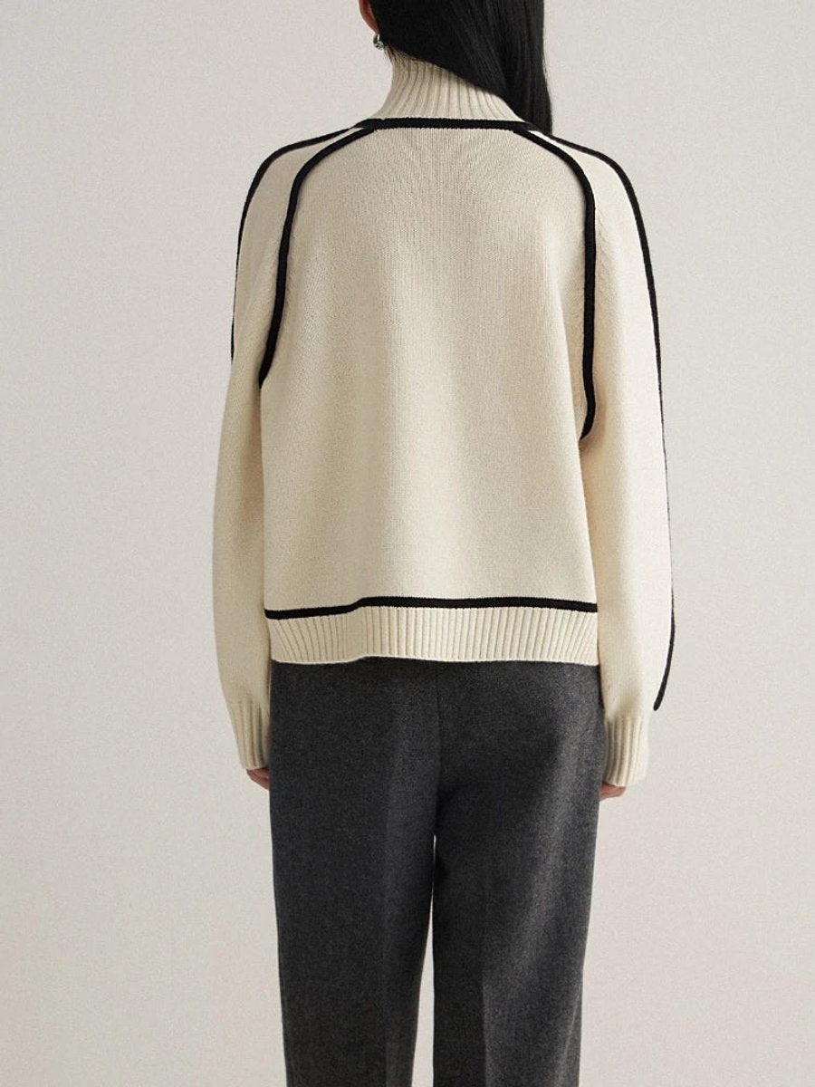 Women's Oversized Turtleneck Two-Tone Knit Pullover Sweater
