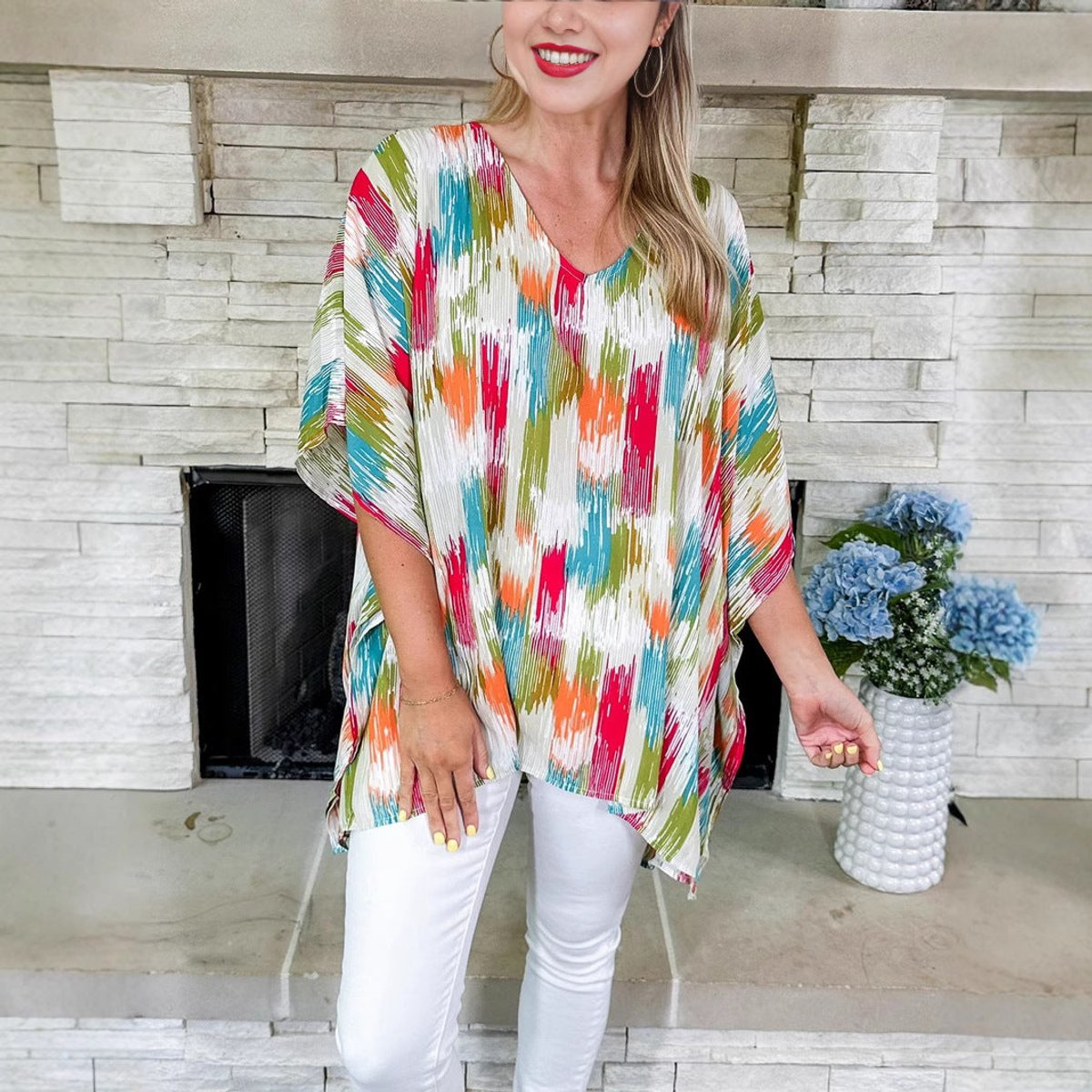 Women's Oversized V-Neck Colorful Print Relaxed Tunic Top