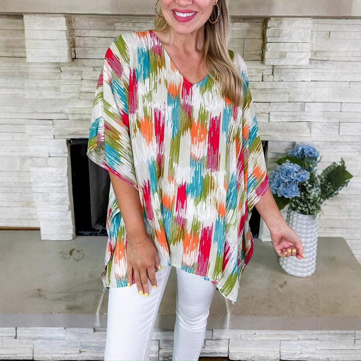 Women's Oversized V-Neck Colorful Print Relaxed Tunic Top