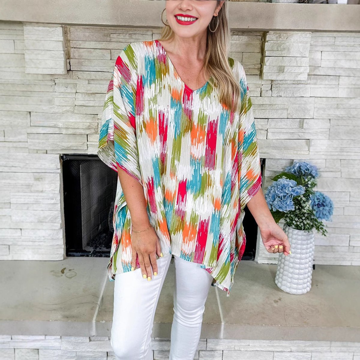 Women's Oversized V-Neck Colorful Print Relaxed Tunic Top
