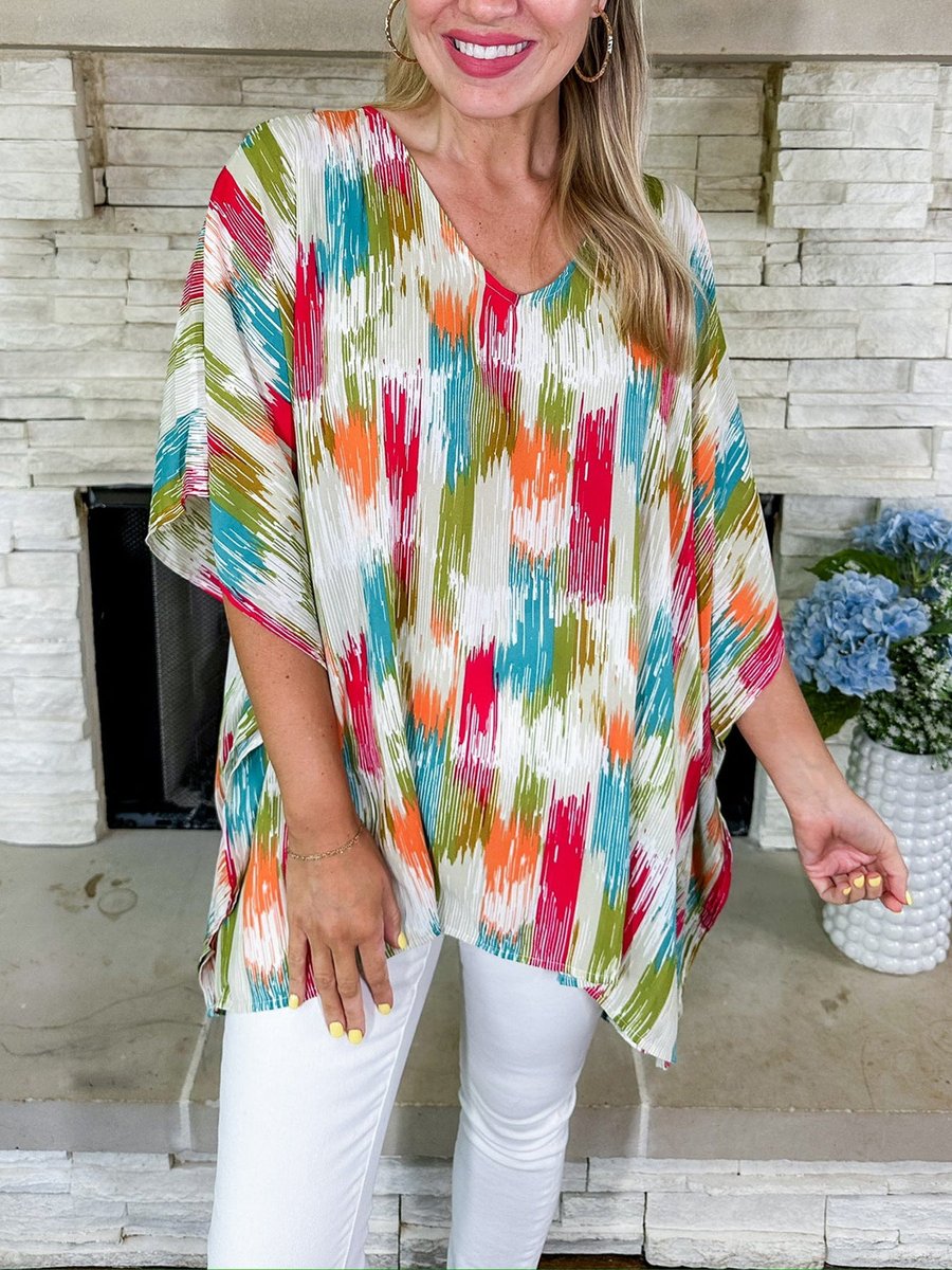 Women's Oversized V-Neck Colorful Print Relaxed Tunic Top - Bunt