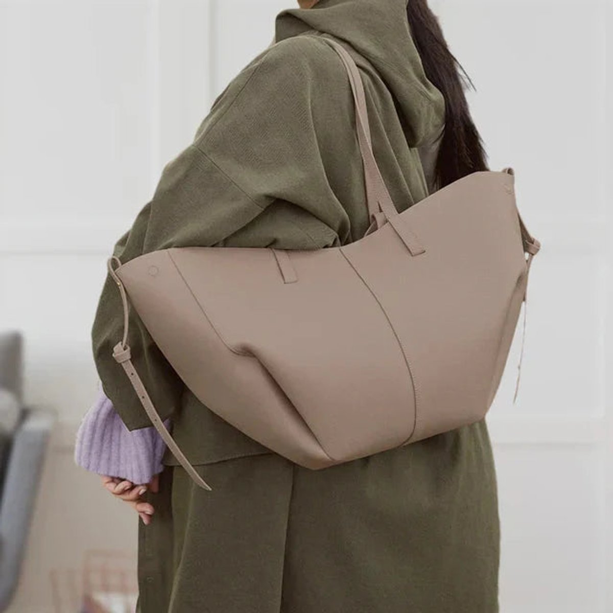 Women's Oversized Vintage PU Leather Shoulder Tote Bag - Grau