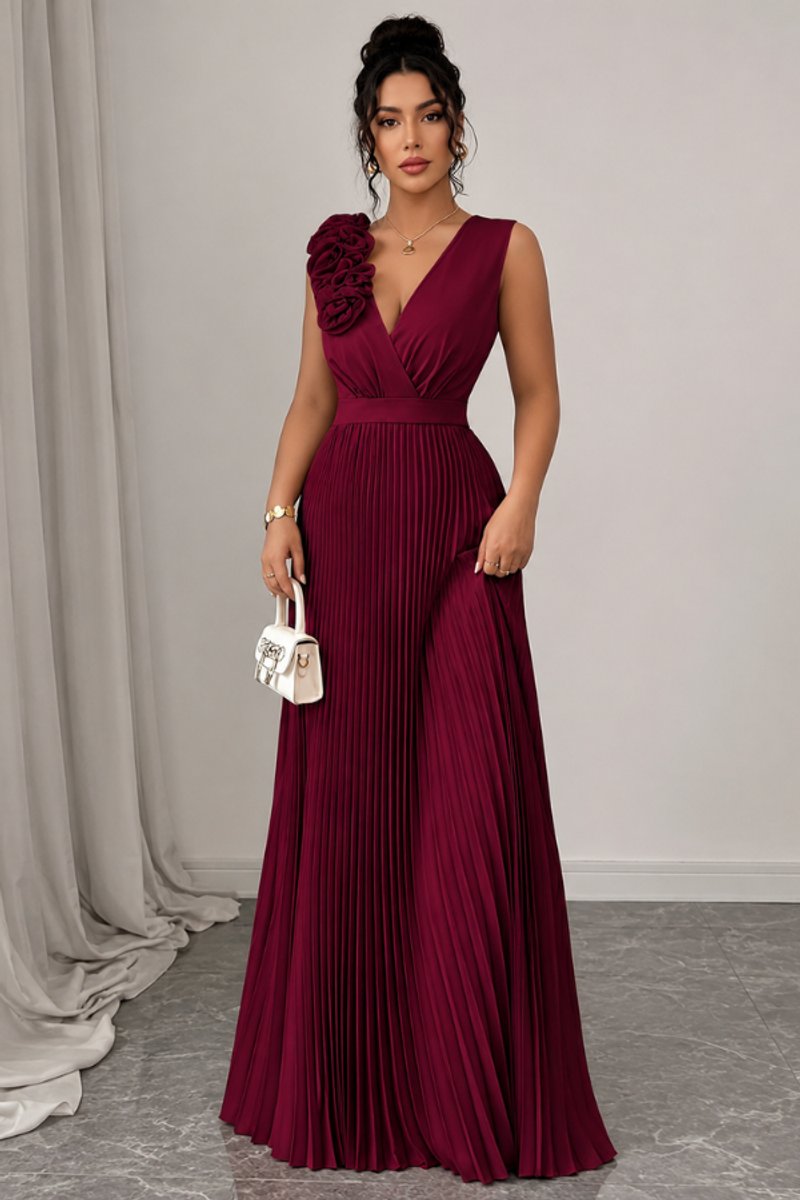 Women's Pleated Sleeveless Floral Applique A-Line Evening Gown - Deep Red