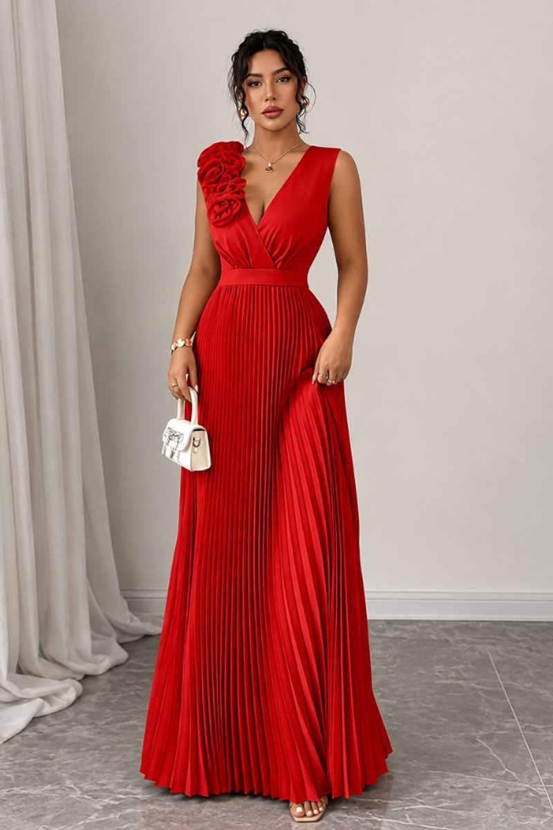 Women's Pleated Sleeveless Floral Applique A-Line Evening Gown - Red