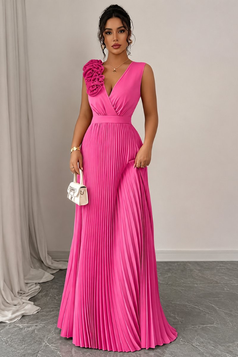 Women's Pleated Sleeveless Floral Applique A-Line Evening Gown - Rose Red