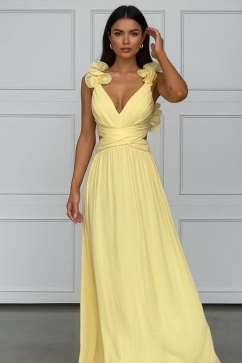 Women's Pleated Sleeveless Floral Applique A-Line Evening Gown - Bright Yellow