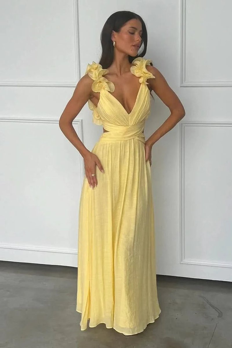 Women's Pleated Sleeveless Floral Applique A-Line Evening Gown