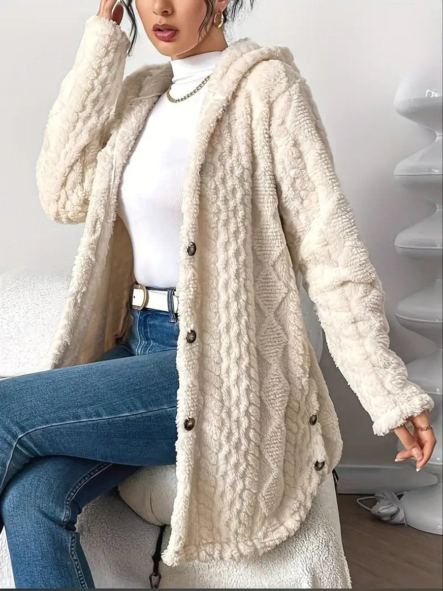 Women's Plush Hooded Button-Front Longline Cardigan