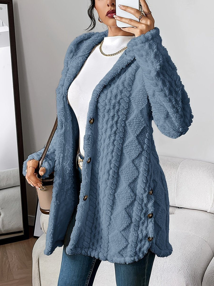 Women's Plush Hooded Button-Front Longline Cardigan - Denim Blue