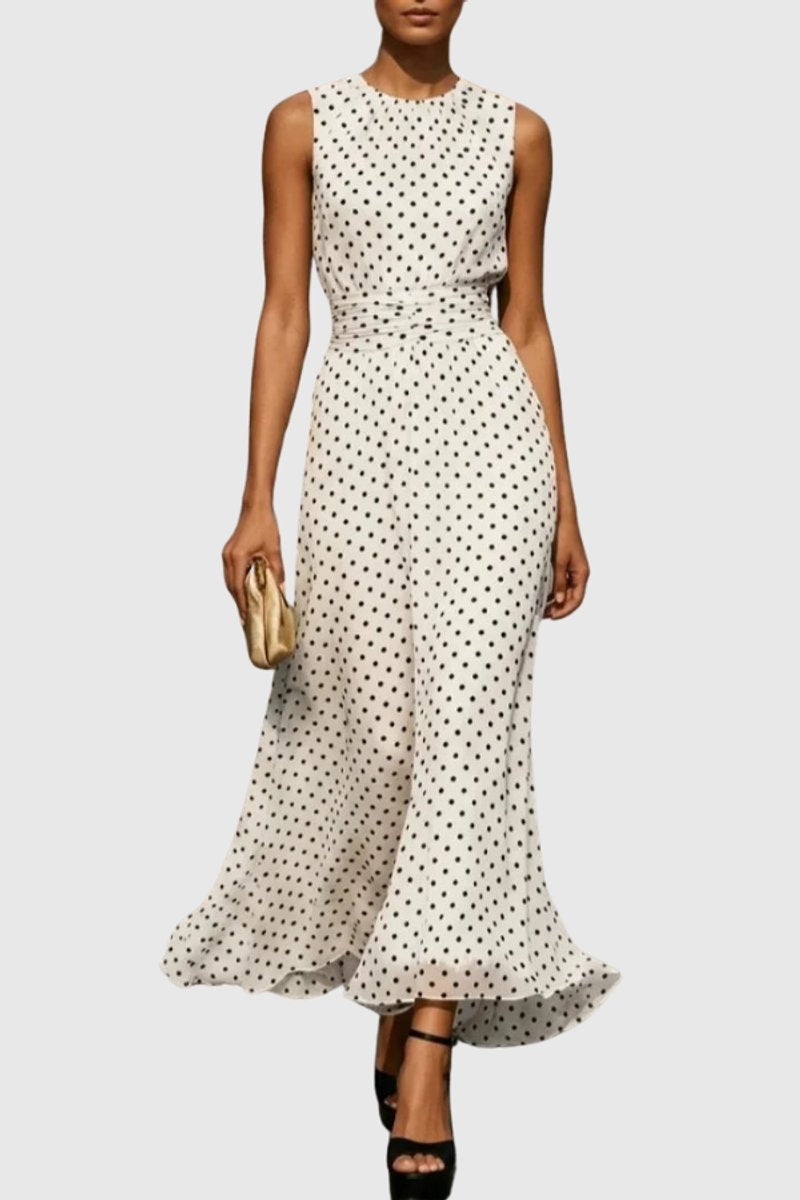Women's Polka Dot Sleeveless Ruffle-Hem Maxi Evening Gown - White