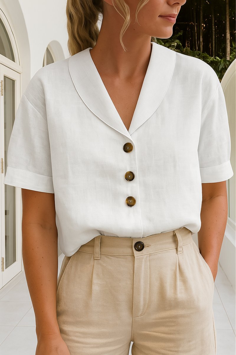 Women's Relaxed-Fit Button-Front Short-Sleeve Collared Blouse - White