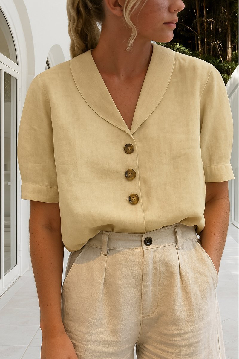 Women's Relaxed-Fit Button-Front Short-Sleeve Collared Blouse - Beige