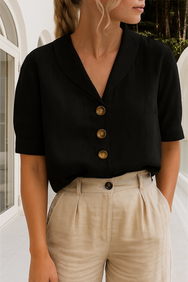 Women's Relaxed-Fit Button-Front Short-Sleeve Collared Blouse - Black