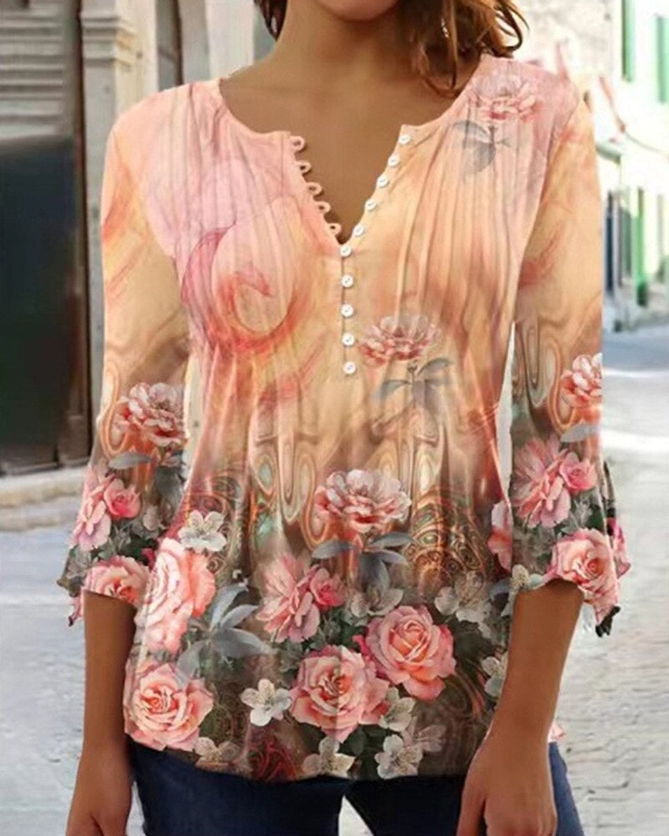 Women's Relaxed-Fit Floral Long-Sleeve Henley Blouse - Oranje