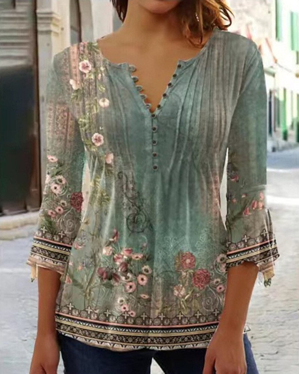 Women's Relaxed-Fit Floral Long-Sleeve Henley Blouse - Groen