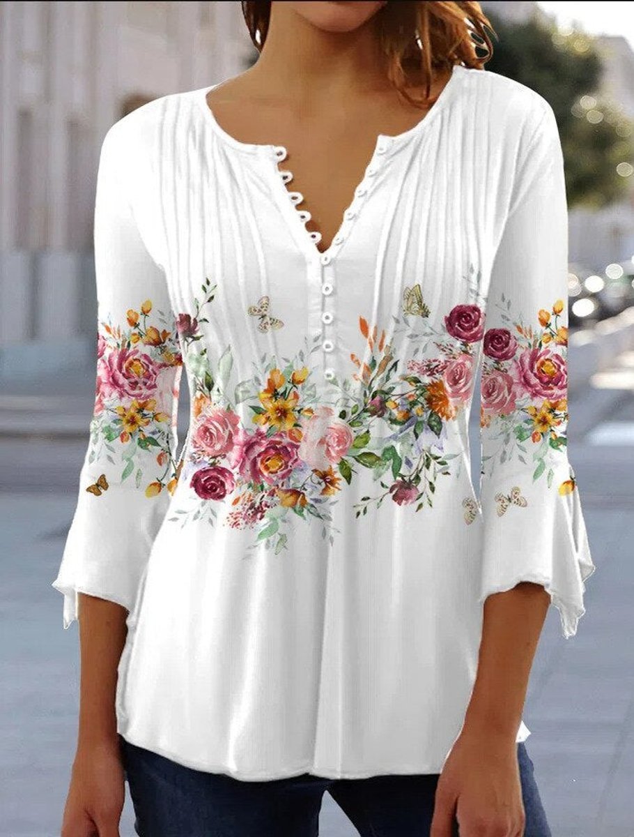 Women's Relaxed-Fit Floral Long-Sleeve Henley Blouse - Bloemenwit