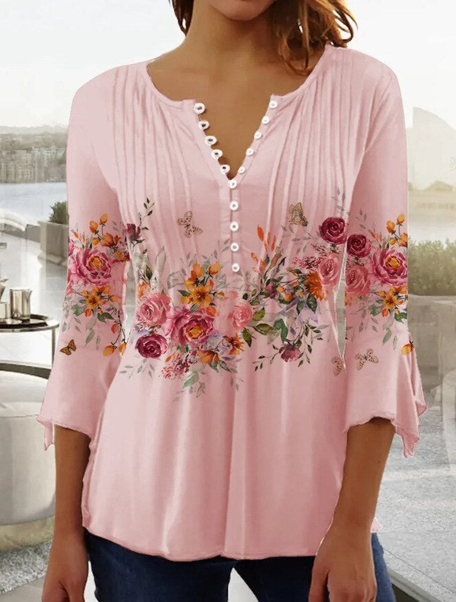 Women's Relaxed-Fit Floral Long-Sleeve Henley Blouse - Roze