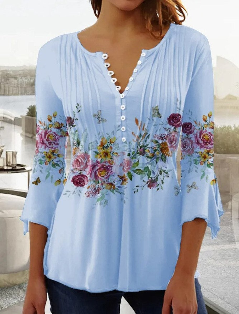 Women's Relaxed-Fit Floral Long-Sleeve Henley Blouse - Lichtblauw