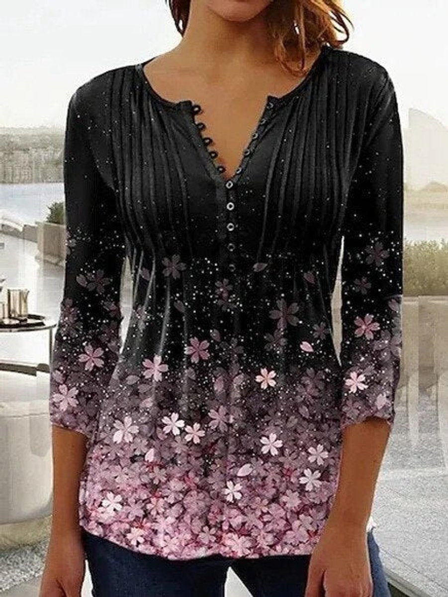 Women's Relaxed-Fit Floral Long-Sleeve Henley Blouse - Zwart