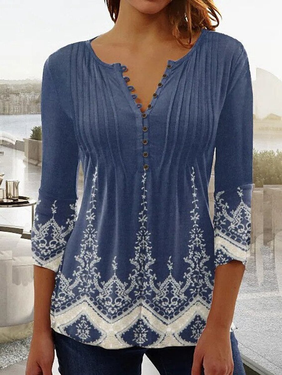 Women's Relaxed-Fit Floral Long-Sleeve Henley Blouse - Blauw