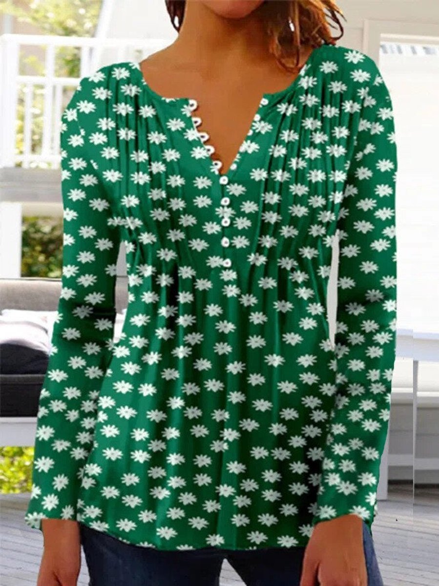 Women's Relaxed-Fit Floral Long-Sleeve Henley Blouse - Donkergroen