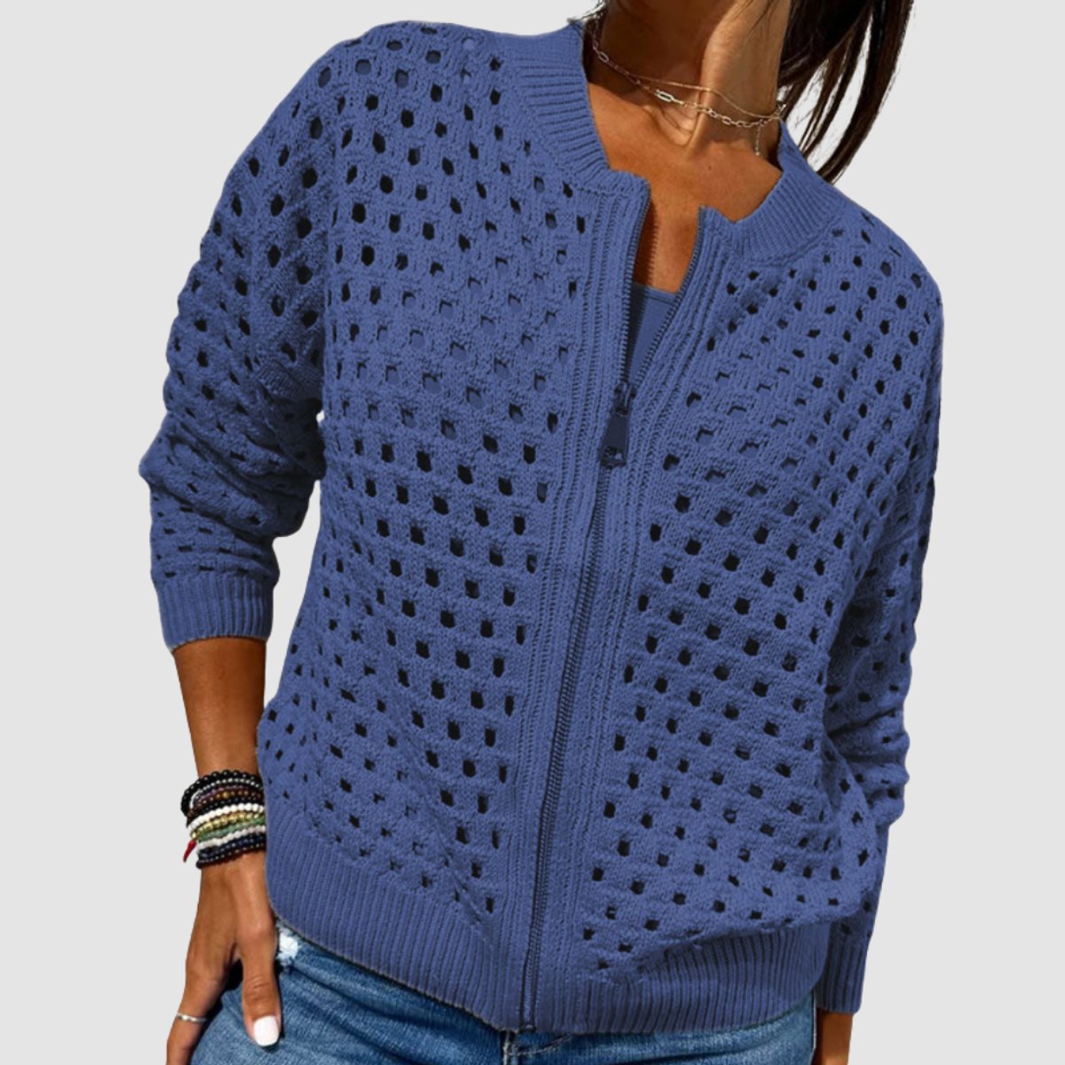 Women's Relaxed-Fit Hollow-Knit Zip-Up Cardigan - Blue