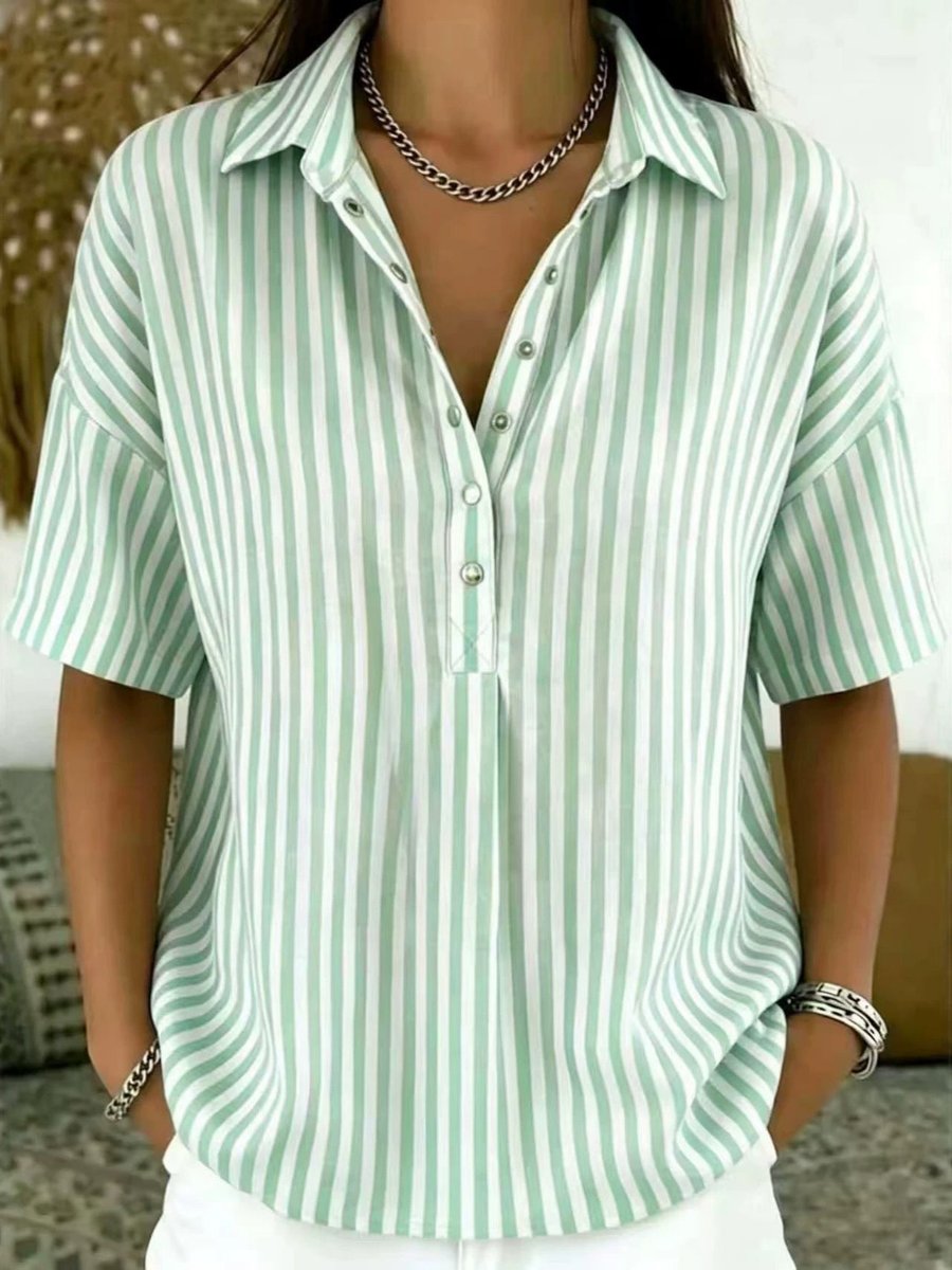 Women's Relaxed-Fit Striped Short-Sleeve Collared Blouse - Light Green