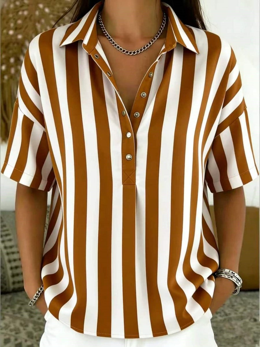 Women's Relaxed-Fit Striped Short-Sleeve Collared Blouse - Brown