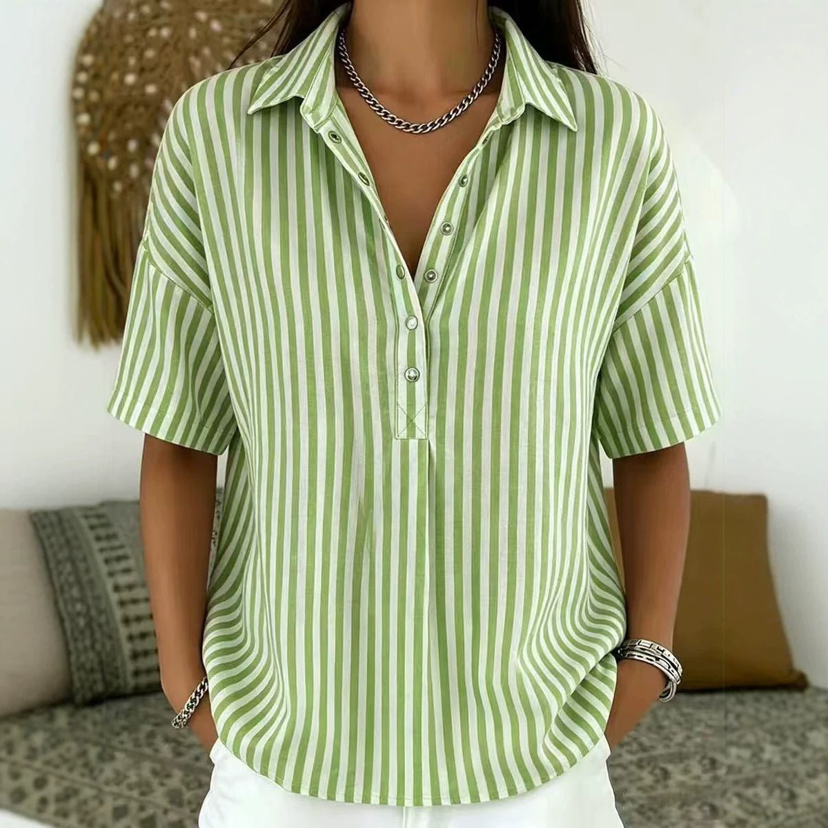 Women's Relaxed-Fit Striped Short-Sleeve Collared Blouse - Dark Green