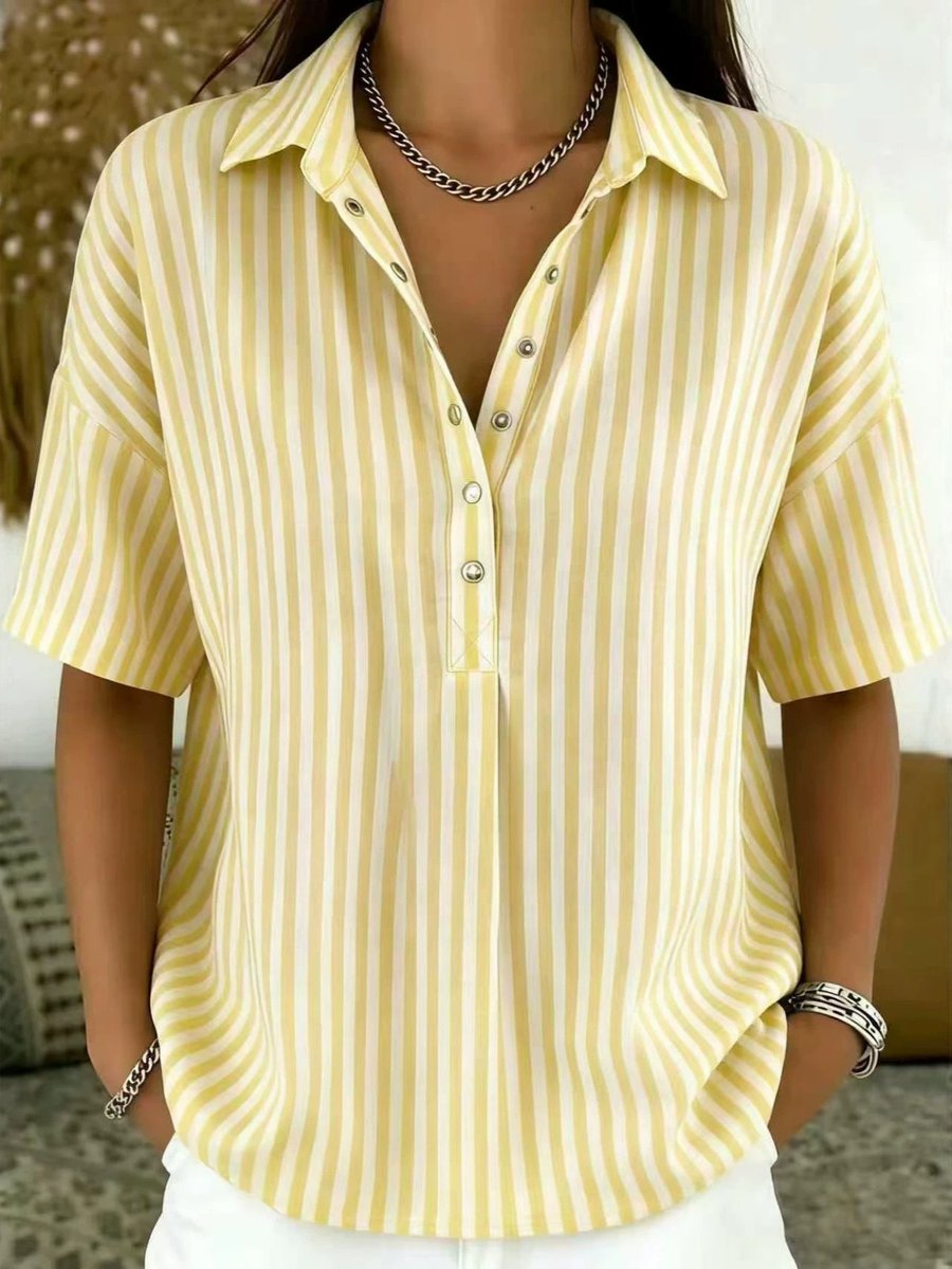 Women's Relaxed-Fit Striped Short-Sleeve Collared Blouse - Yellow