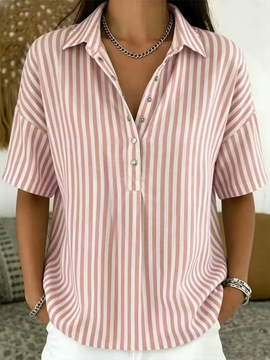 Women's Relaxed-Fit Striped Short-Sleeve Collared Blouse - Pink