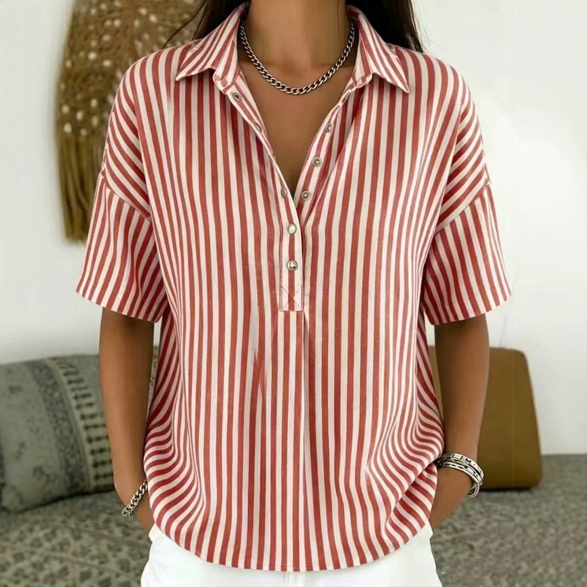 Women's Relaxed-Fit Striped Short-Sleeve Collared Blouse - Red