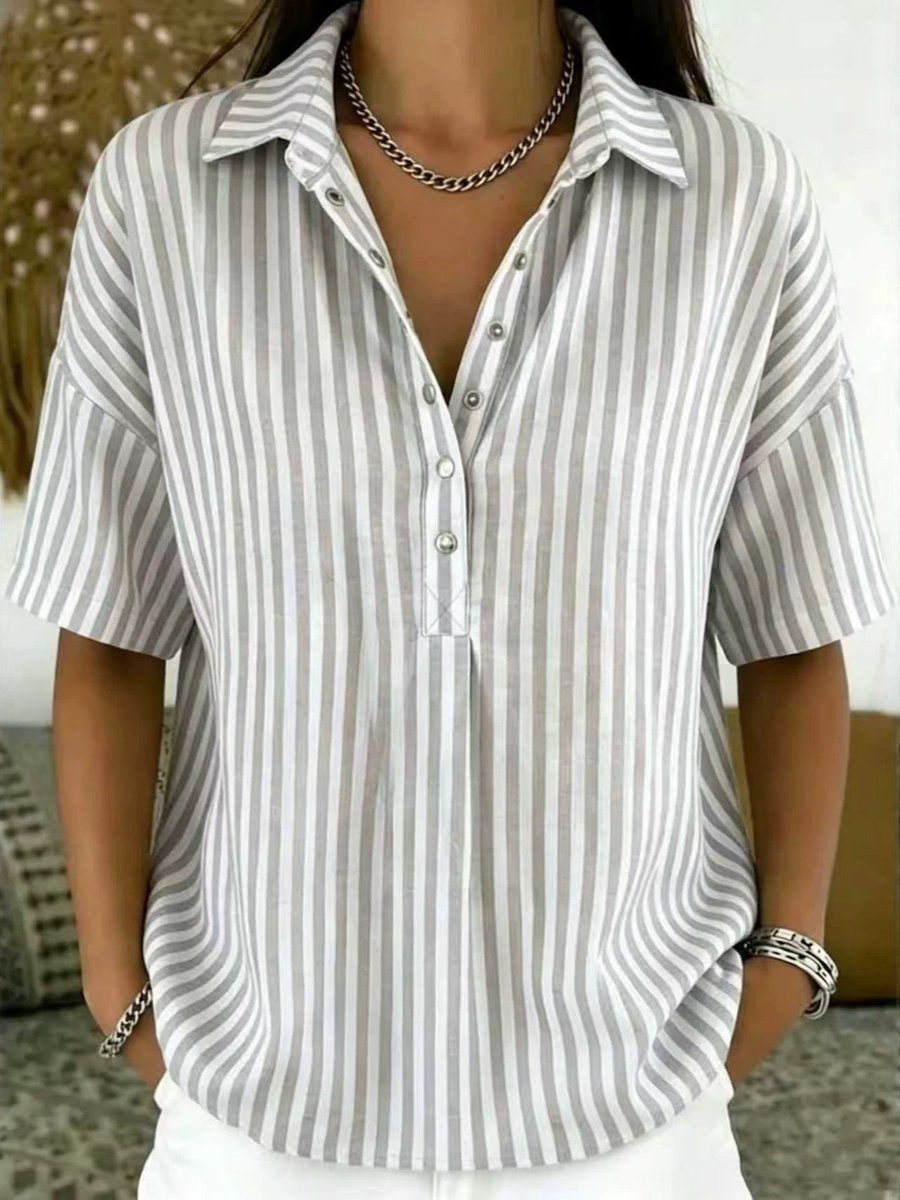 Women's Relaxed-Fit Striped Short-Sleeve Collared Blouse - Grey