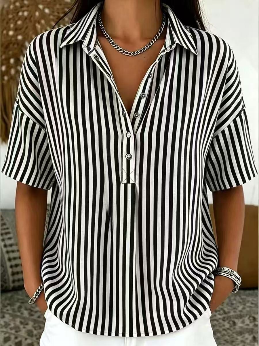 Women's Relaxed-Fit Striped Short-Sleeve Collared Blouse - Black
