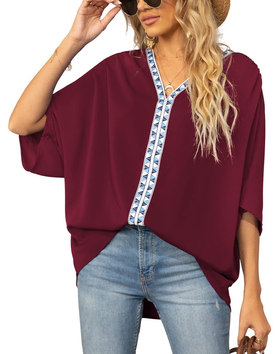 Women's Relaxed-Fit V-Neck Geometric Trim Oversized Tunic Top - Gelb