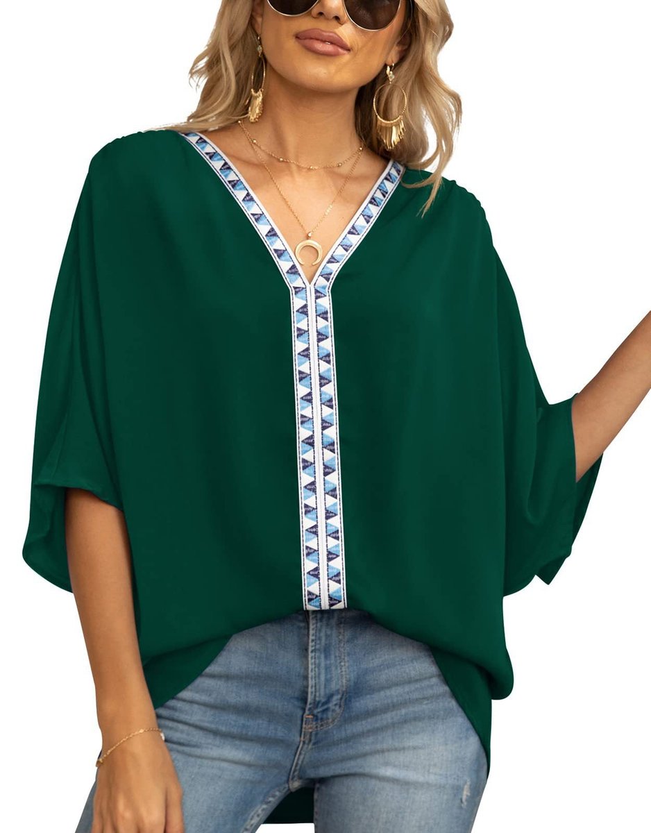 Women's Relaxed-Fit V-Neck Geometric Trim Oversized Tunic Top - Dunkelgrün