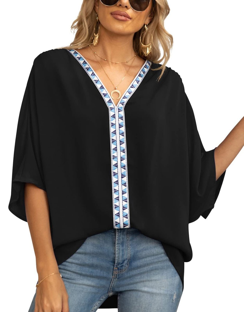 Women's Relaxed-Fit V-Neck Geometric Trim Oversized Tunic Top - Schwarz