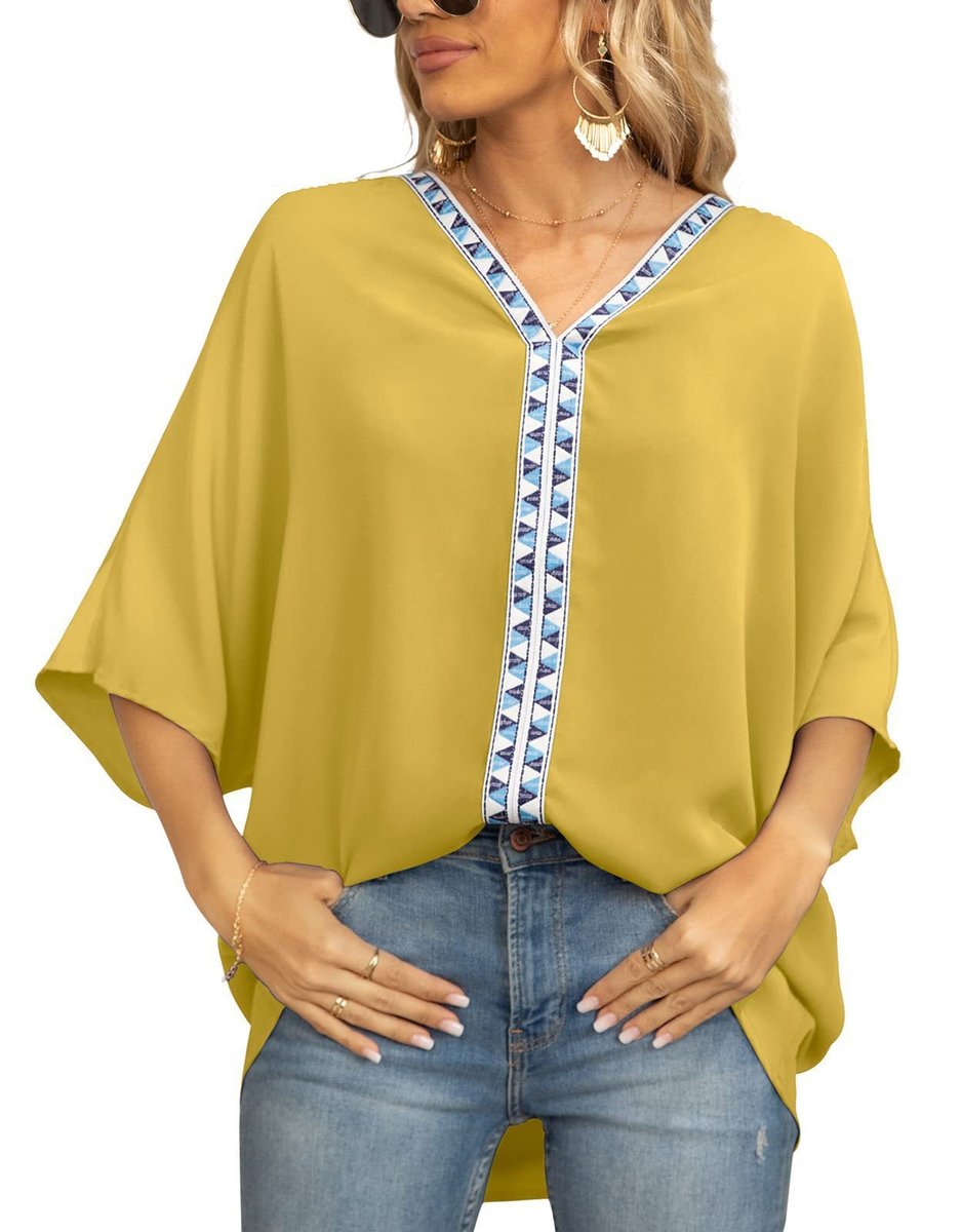Women's Relaxed-Fit V-Neck Geometric Trim Oversized Tunic Top - Blume