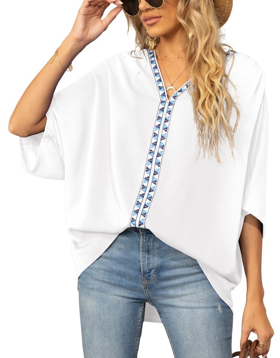 Women's Relaxed-Fit V-Neck Geometric Trim Oversized Tunic Top - Weiß