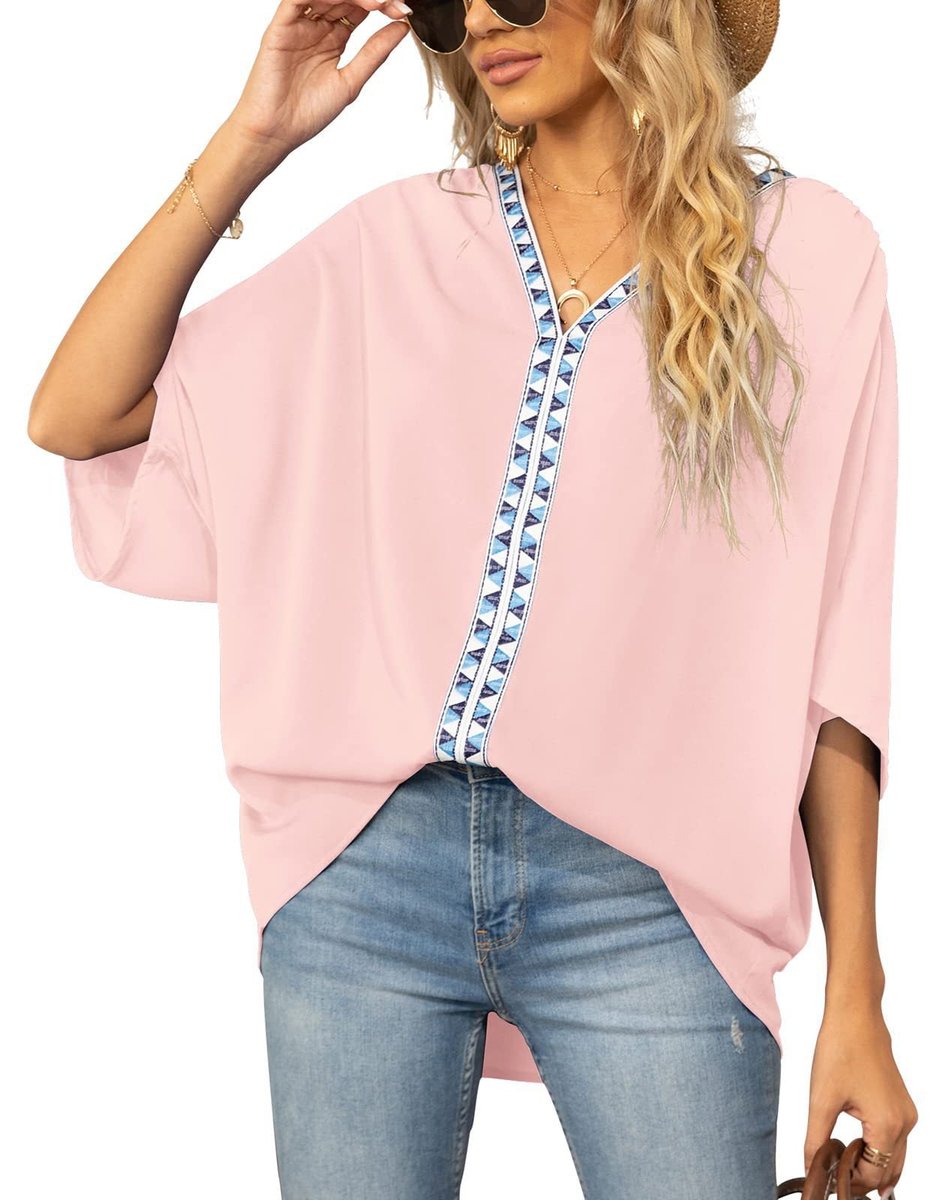 Women's Relaxed-Fit V-Neck Geometric Trim Oversized Tunic Top - Pink