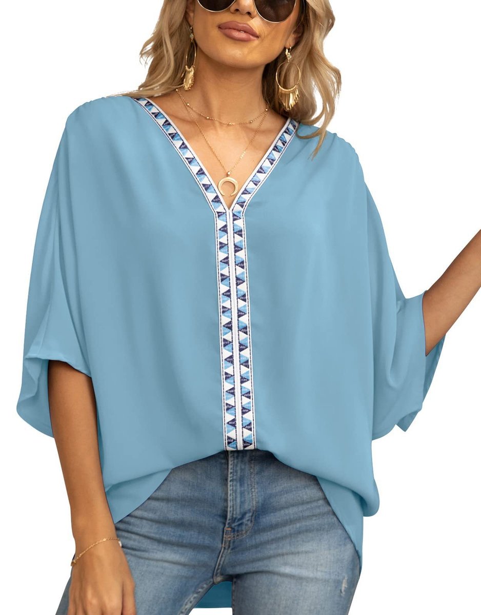 Women's Relaxed-Fit V-Neck Geometric Trim Oversized Tunic Top - Dunkelblau