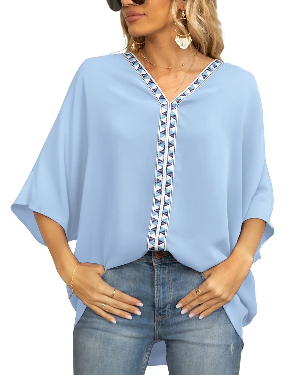 Women's Relaxed-Fit V-Neck Geometric Trim Oversized Tunic Top - 浅蓝色